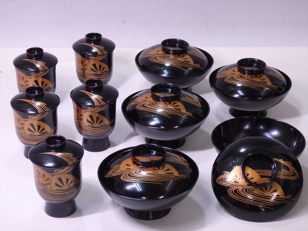 未使用 懐石道具 天然木製 輪島塗 朱塗 波蒔絵 折敷5客 栞 共箱