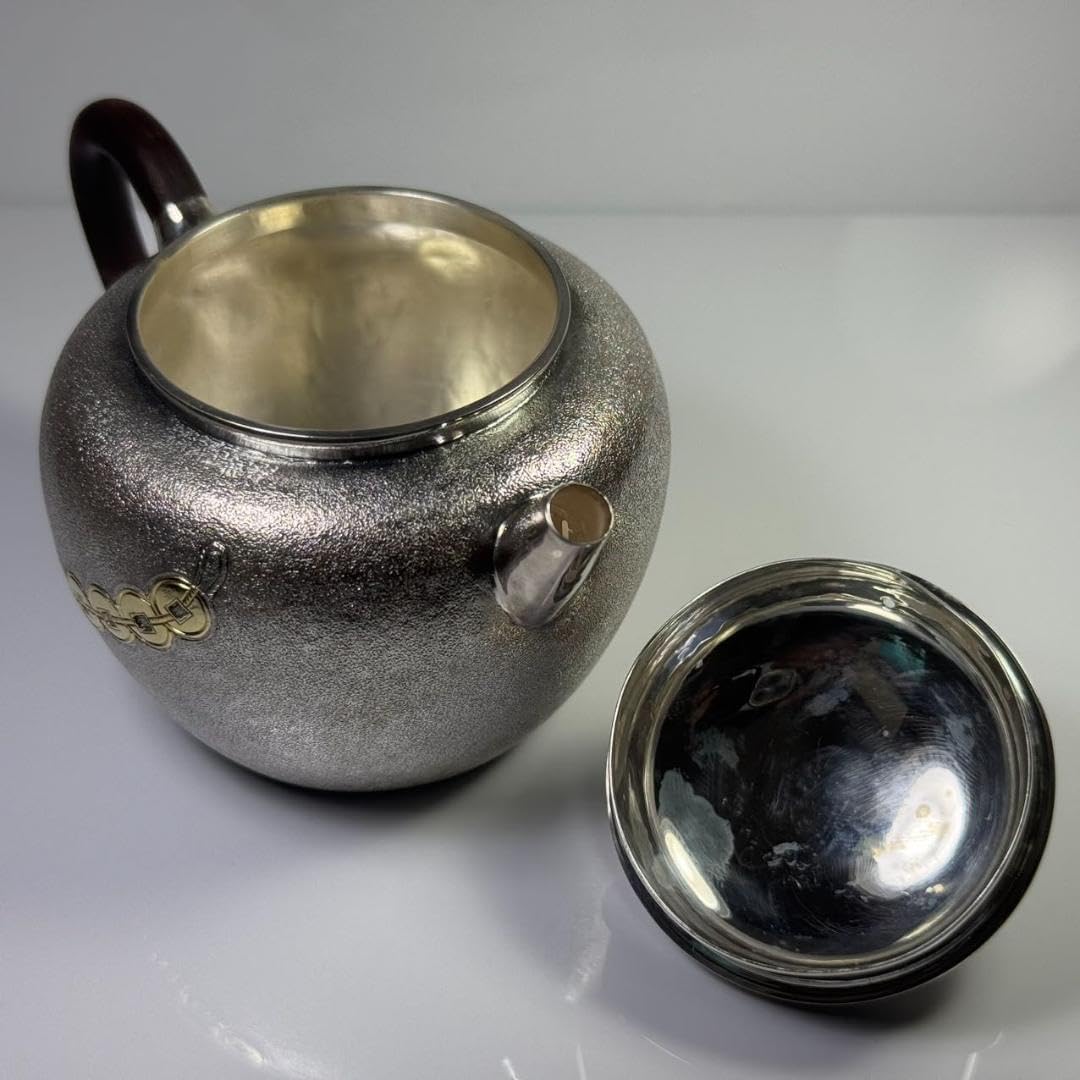 純銀製 急須 貴石 木摘 木取手 銀瓶 煎茶 純銀保証 純銀製 雲彫 釜形