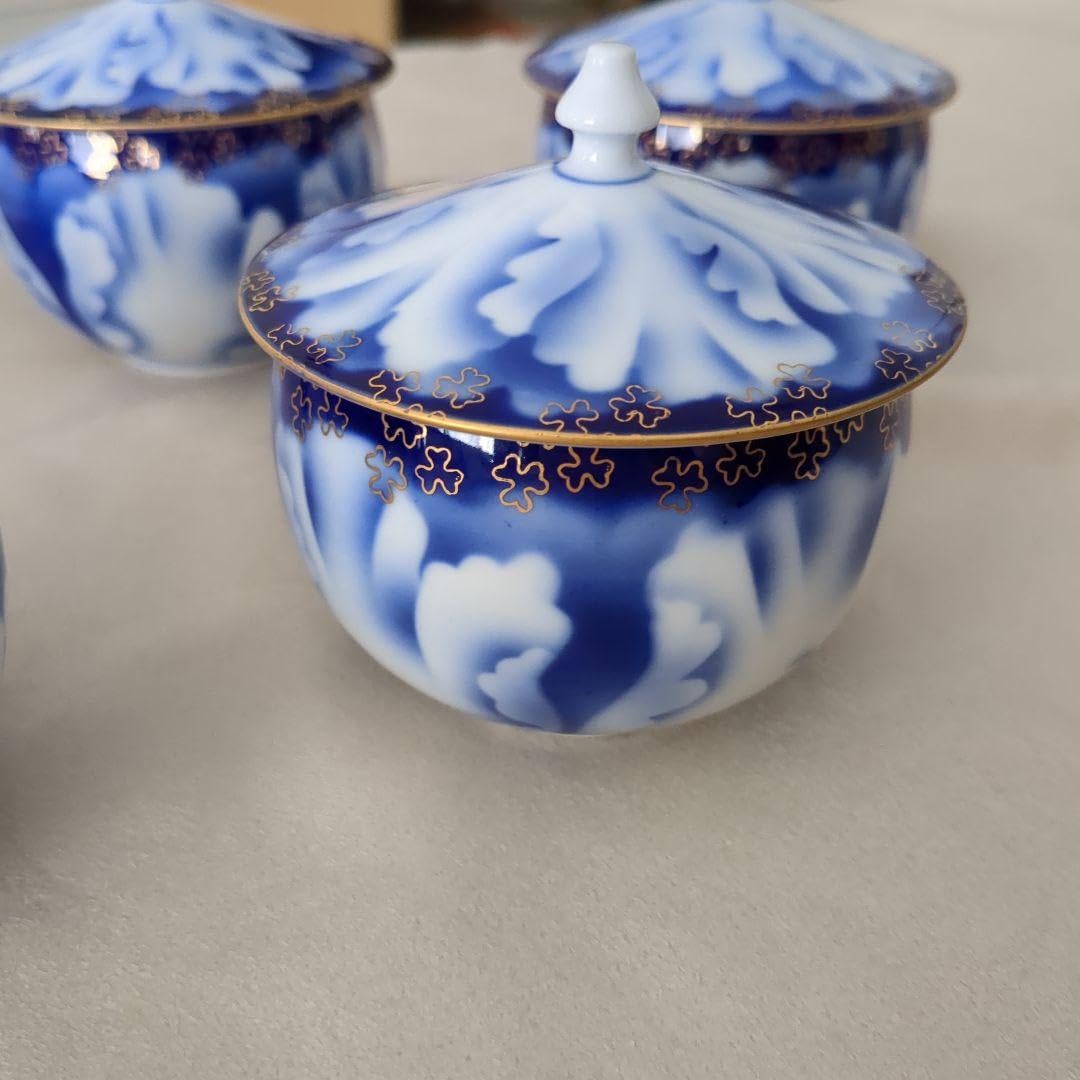 深川製磁牡丹金ミル蓋付き湯呑み5客 箱付