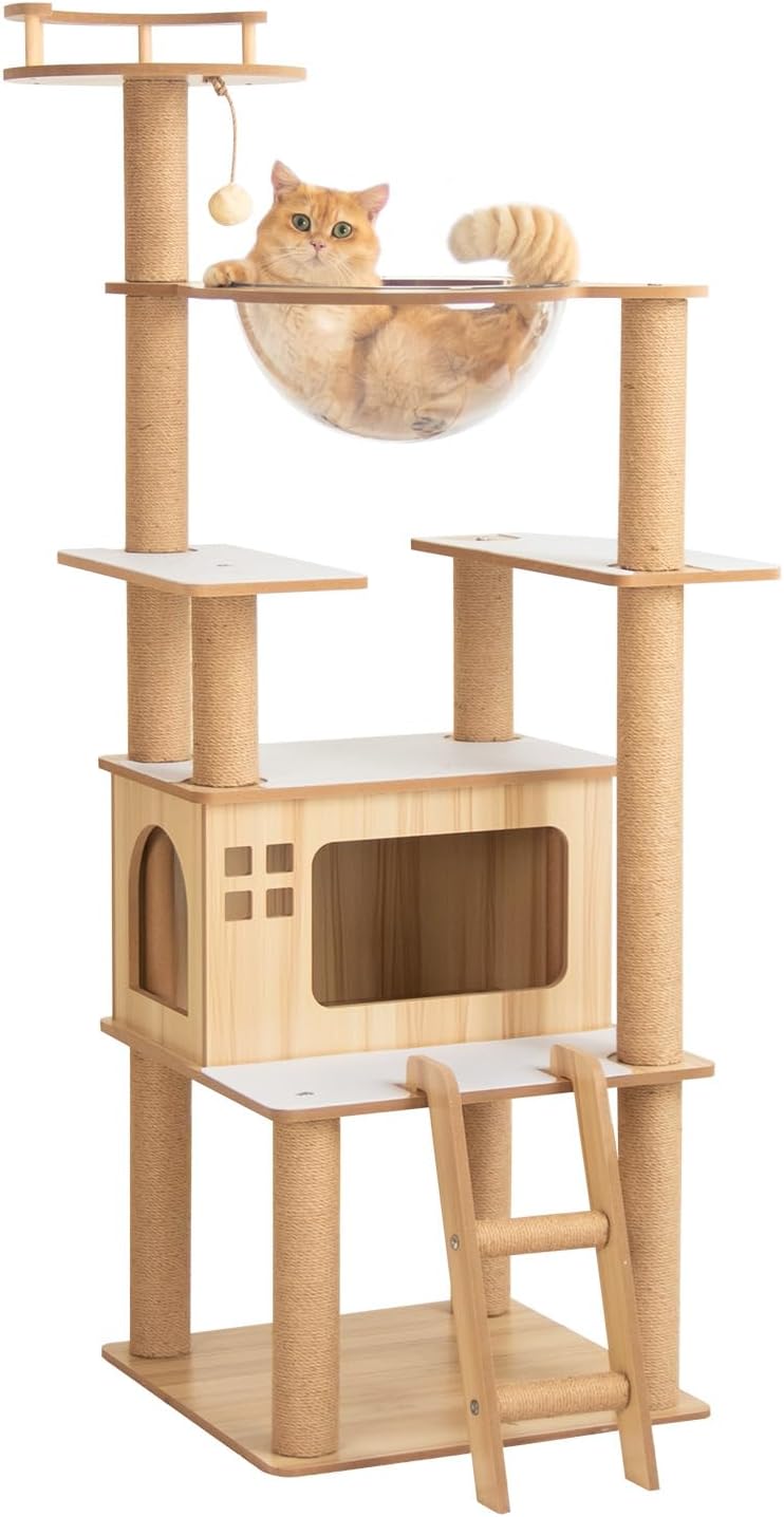 キャットタワー 木製 スリム 宇宙船 据え置き 厚さを増した板材つめ