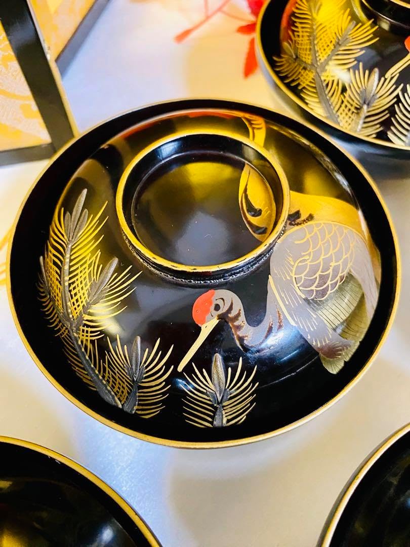 輪島塗木製 お椀 吸物椀 骨董 時代蒔絵 縁起鶴 輪島塗木製 お椀 吸物椀