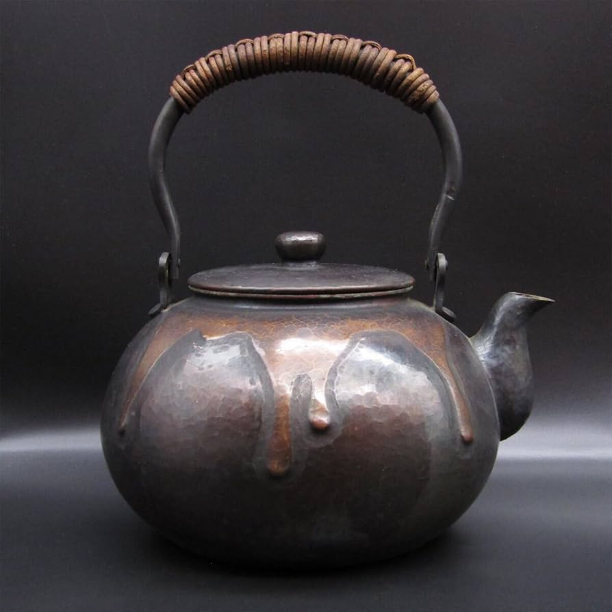 美品☆時代 鎚起銅瓶 赤銅扇面に寿忠の字 竹