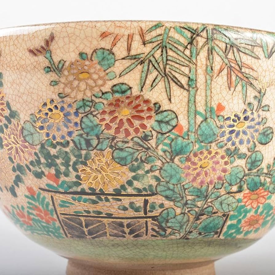 茶道具京焼野々村仁清作色絵竹下群花文茶碗時代箱付MR5269