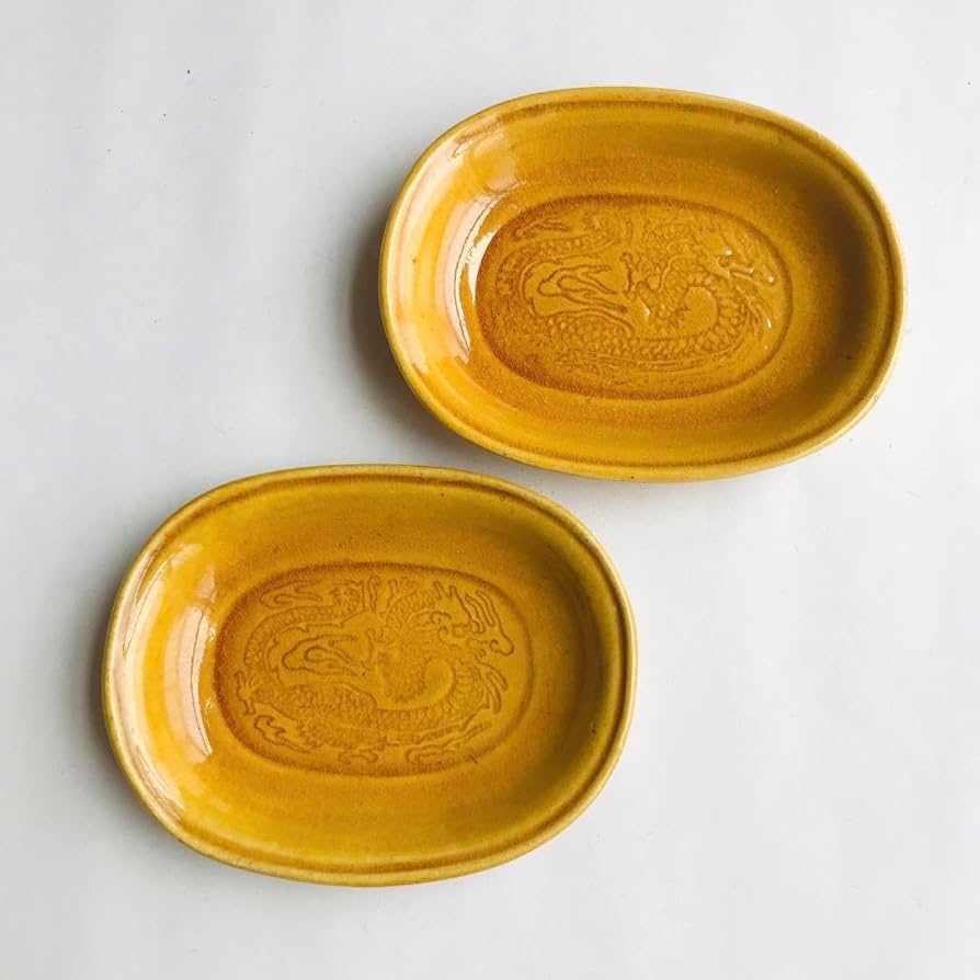 中国 黄交趾 黄釉 龍文線刻皿 小皿 4客まとめて D R6016 中国 黄交趾