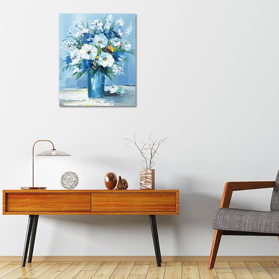 キャンバス油絵 専用 たっぷり入れた花瓶の青いお花 キャンバス油絵
