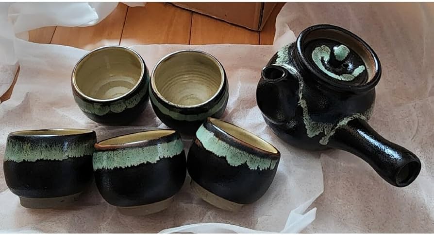 無形文化財 黒薩摩 龍門司焼 急須 湯呑み 無形文化財 黒薩摩 龍