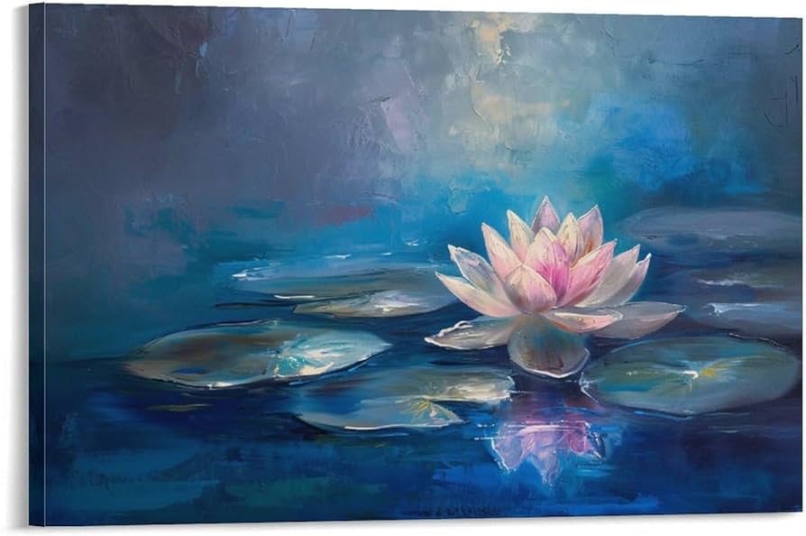 绘画「池に咲く蓮の花」アクリル絵/新品額縁 绘画「池に咲く蓮