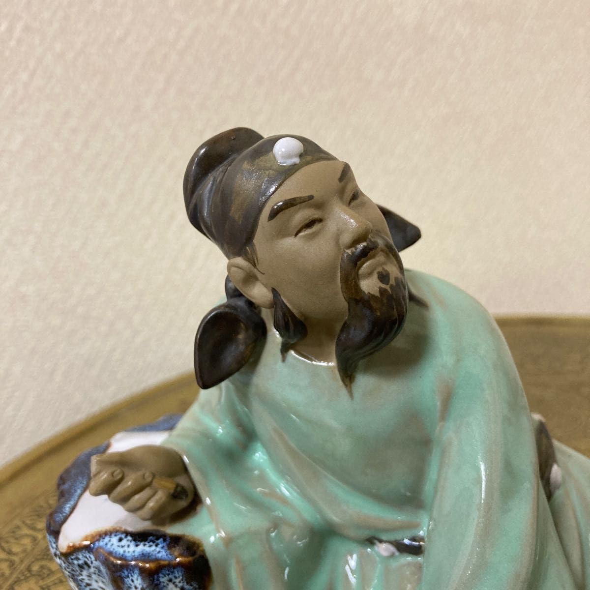 中国陶器 置物 石湾陶弥勒抱童子件 時代物 中国陶器 置物 石湾陶弥勒抱