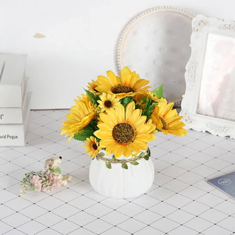 Amazon｜向日葵 ひまわり 造花 欧式 セラミック花瓶付き ミニ 小さい