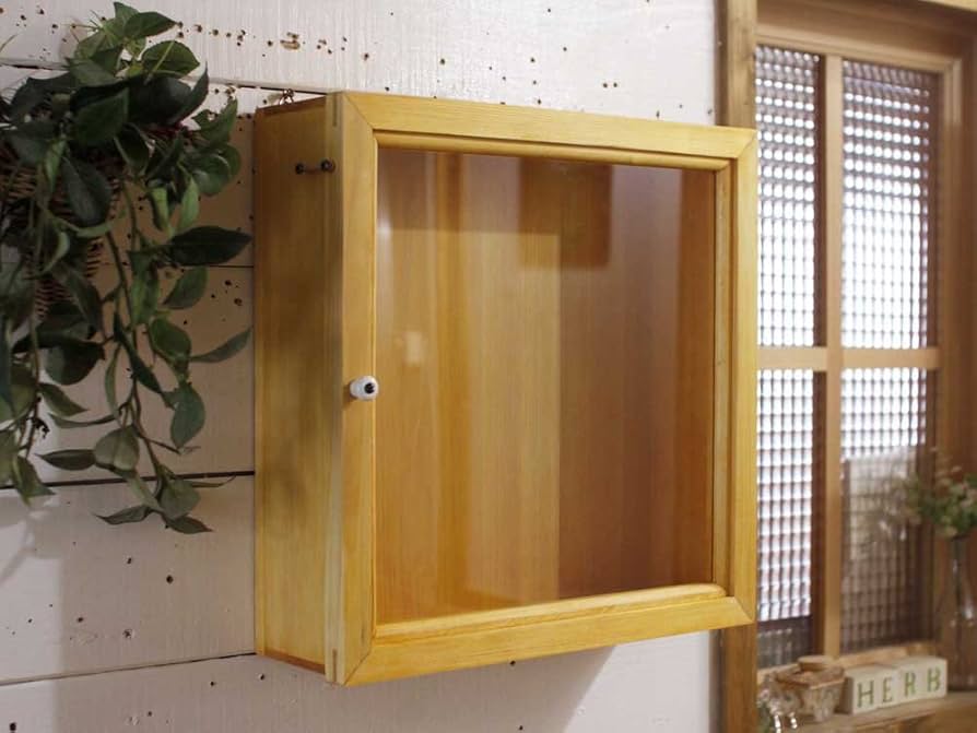 Amazon.co.jp: コレクションケース 木製 ひのき ナチュラル 透明ガラス