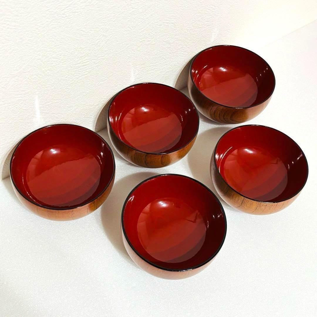 新品未使用】木曽漆器 稲穂蒔絵吸物椀【5セット】 木曽漆器 洗朱 多幸