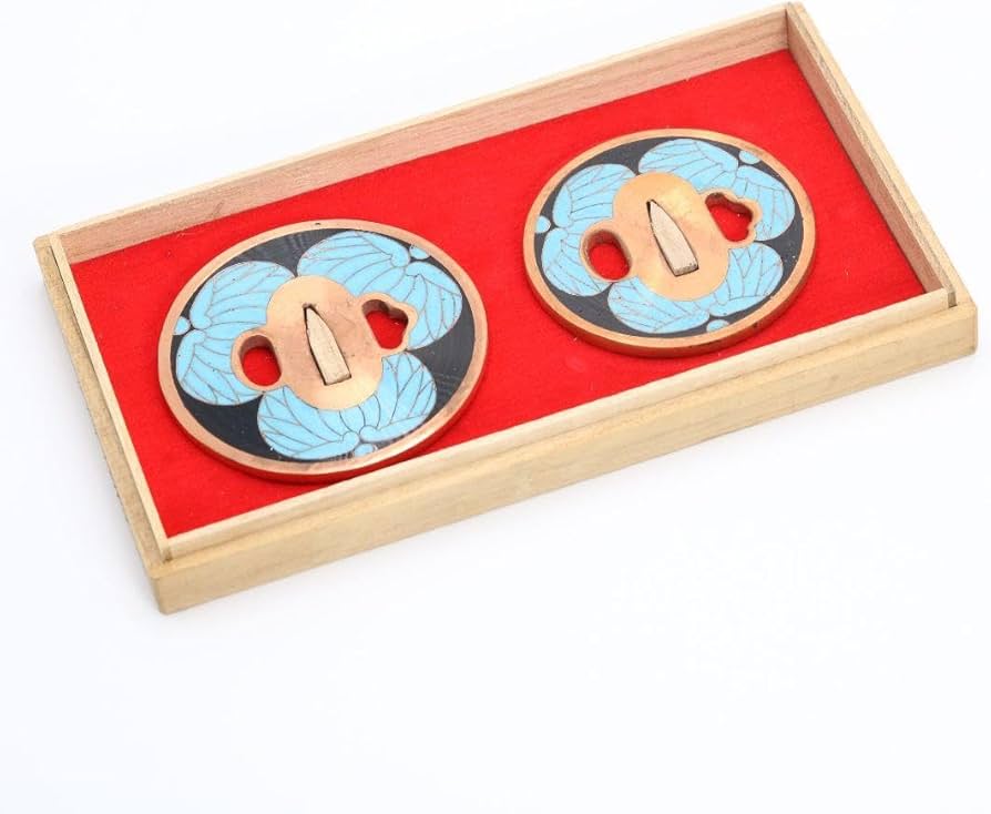 銅製七宝三つ葉葵文鐔 刀装具 一對 桐箱付 V356 1F28 【公式通販】