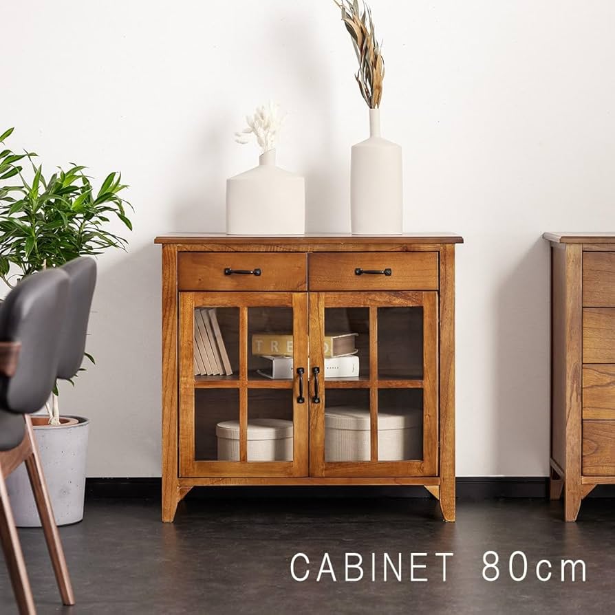 昭和レトロ ミッドセンチュリー 装飾ガラス扉 木製サイドボード 飾り棚