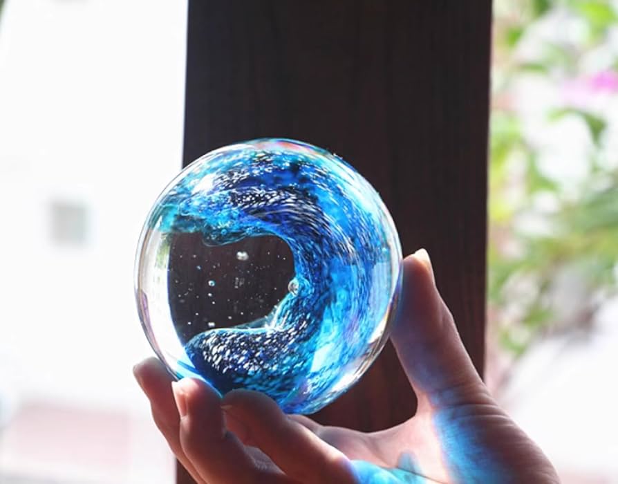 Amazon.co.jp: ガラス置物ブルーウェーブラウンドボール手作り吹き