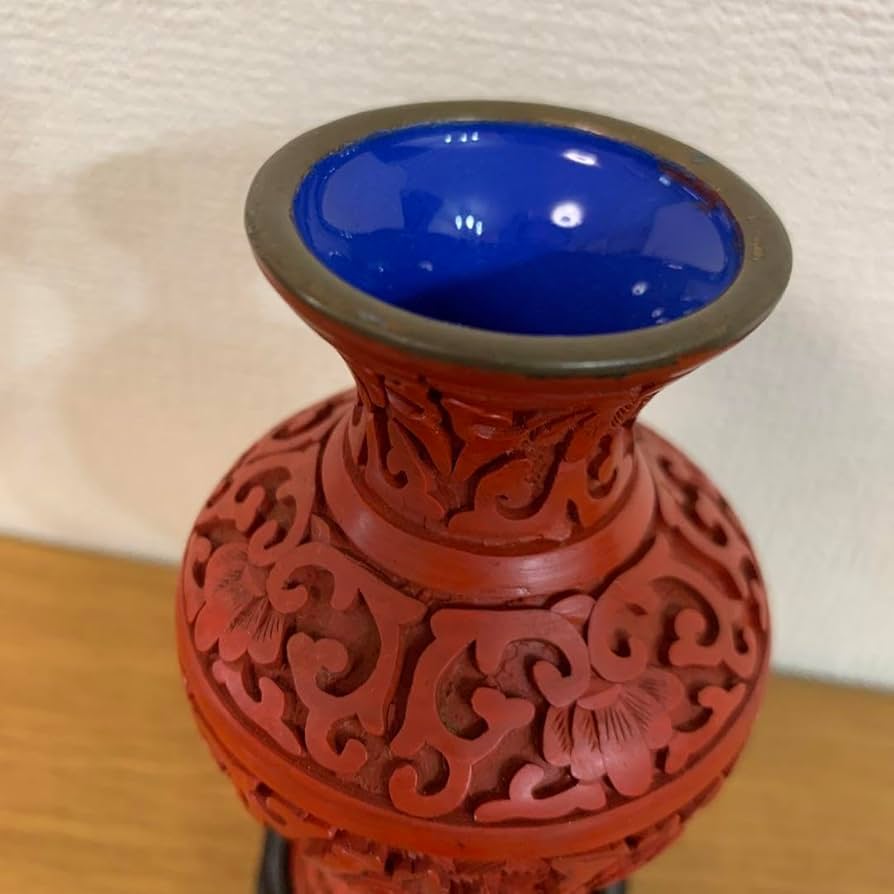 Amazon.co.jp: 32) 中国美術 堆朱 漆彫り花瓶 彫漆花瓶 堆朱 朱色の