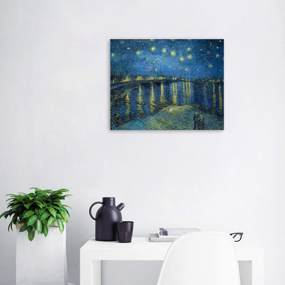 ☆秀作☆ 手書き油絵 ゴッホ ローヌ川の星月夜 肉筆絵画 額付き 油彩画