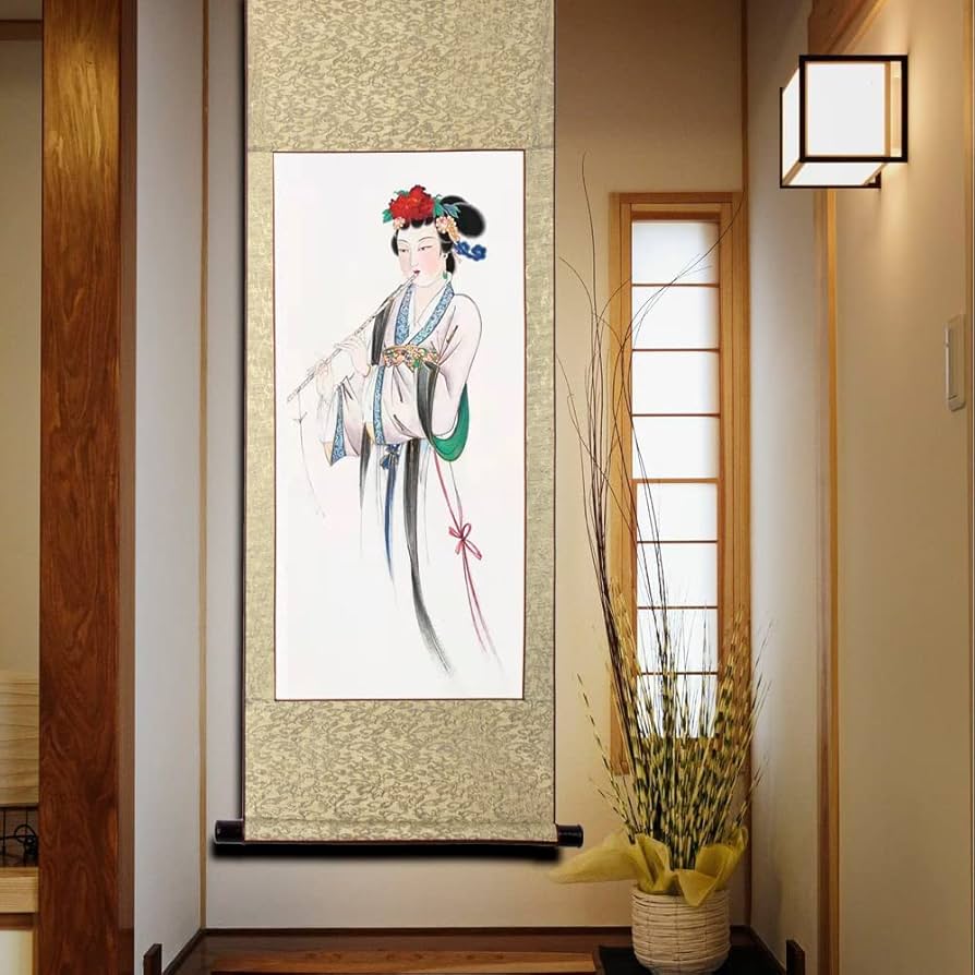 中国古美術・純手描き笑顔の仏像六尺掛軸 ・水墨画・宣紙・肉筆・一物