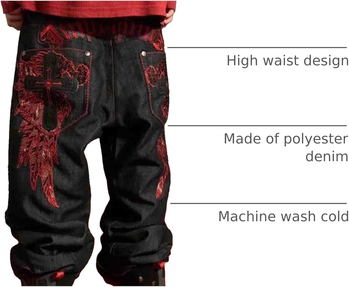 MEOKIM Men's Hip-hop Retro Skull Embroidered Washed Denim Pants