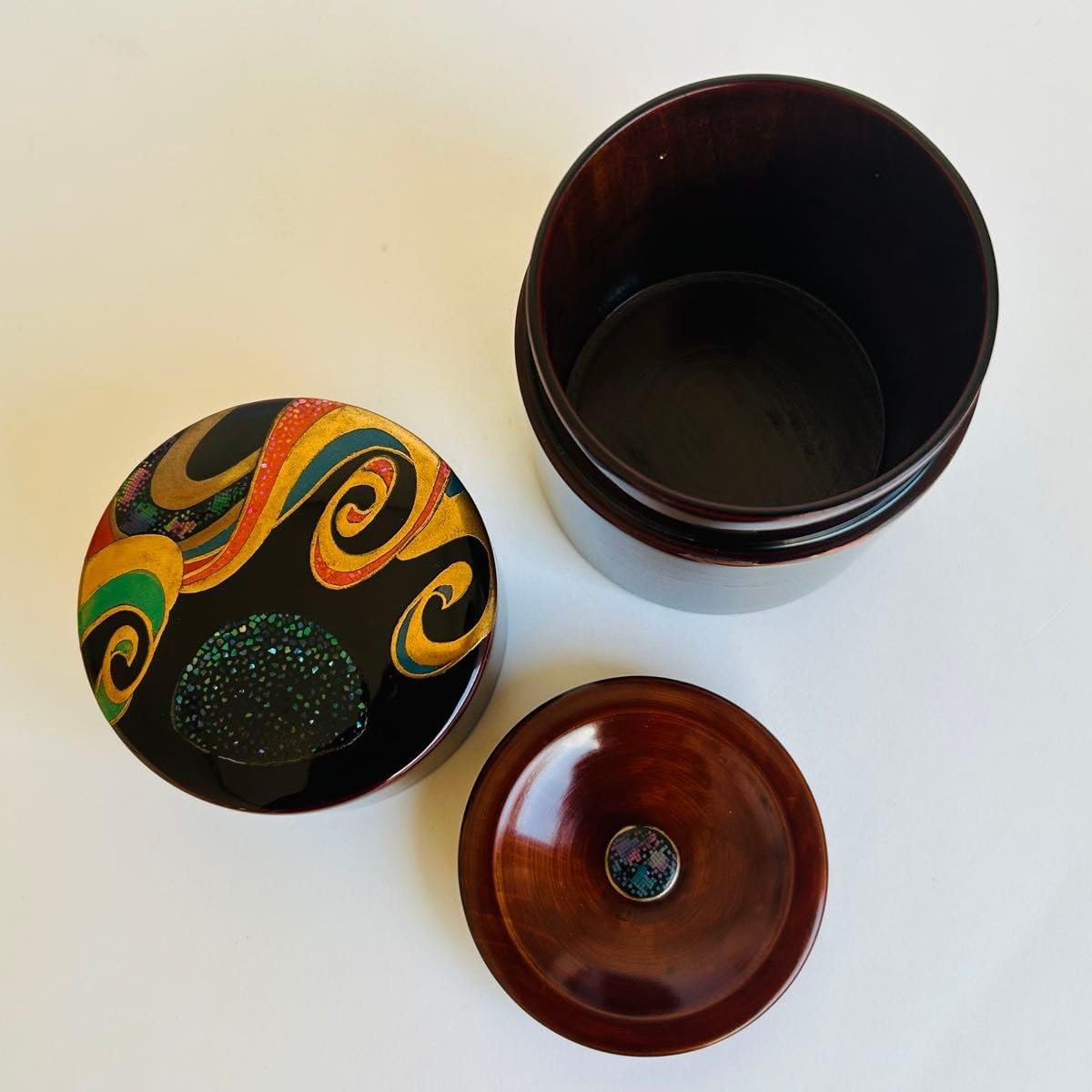 漆器 茶筒 茶器 茶道具 木製 漆塗り 蒔絵 螺鈿 伝統工芸 小 美品.希少