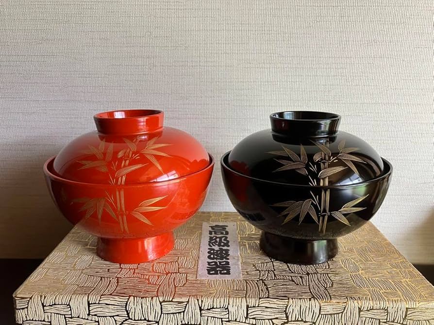 Amazon.co.jp: 輪島塗 沈金 竹 夫婦椀 蓋付お椀 お椀 汁椀 吸物椀 2客