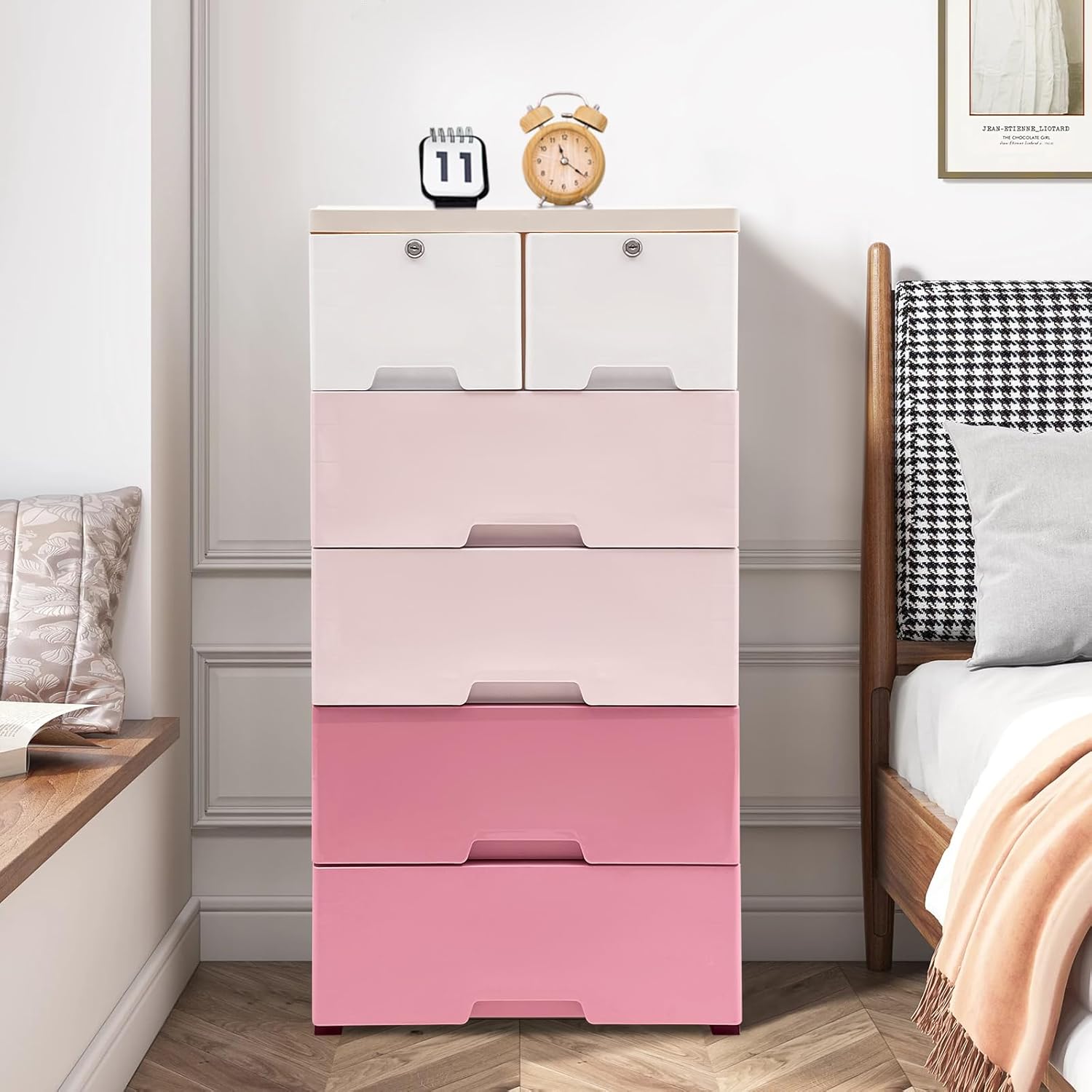 ドレッサー 幅80cm コンパクトミラー スツール付き LEDライト付 ピンク