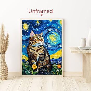 絵画。原画☆キャンバスF6【猫ちゃんはソファーに座って美しい星空を