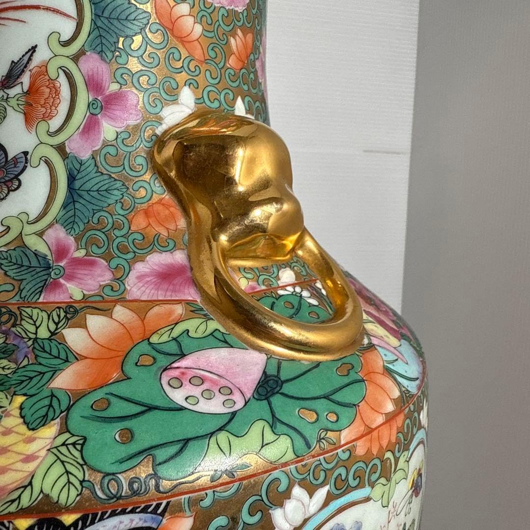 中国 骨董【大清乾龍年製】赤釉金彩草花紋馬図天球