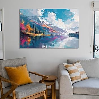 Amazon.co.jp: 絵画 春の山と川の油絵インテリア 絵画 油絵イラスト