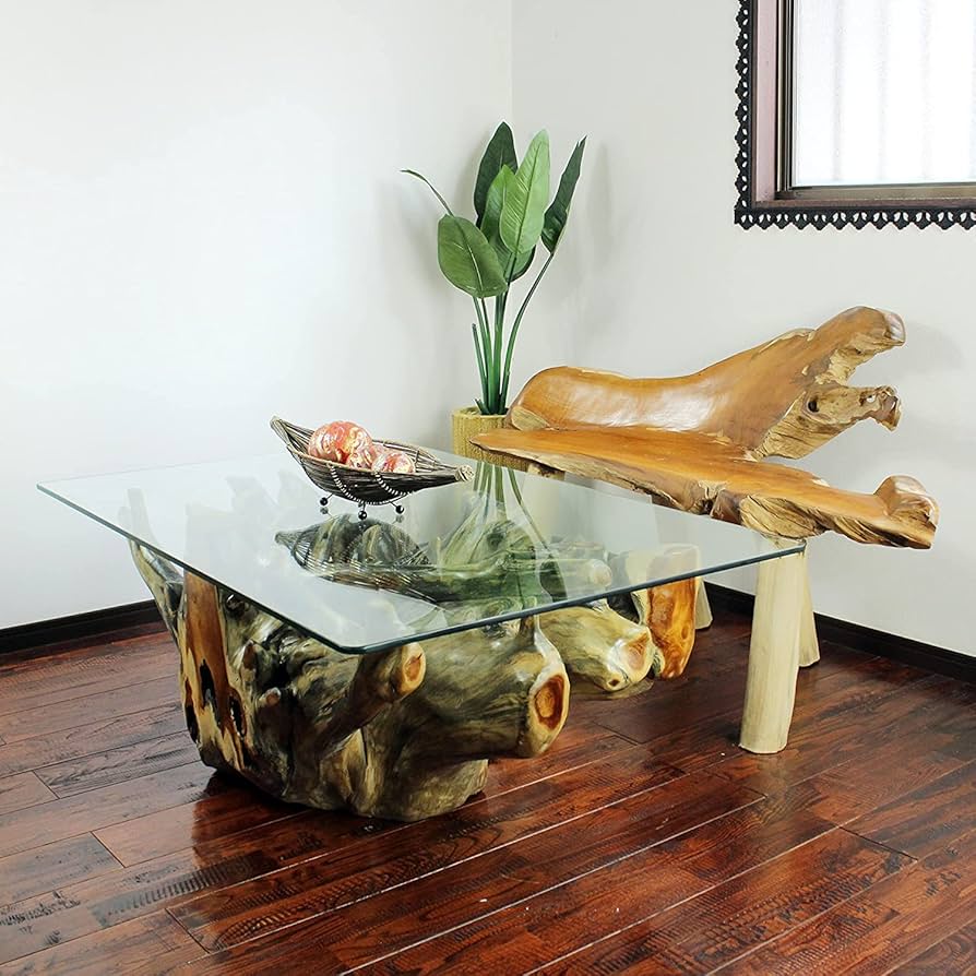 Amazon.co.jp: ルーツテーブル 120cm×80cm ガラス天板 一点もの 天然木