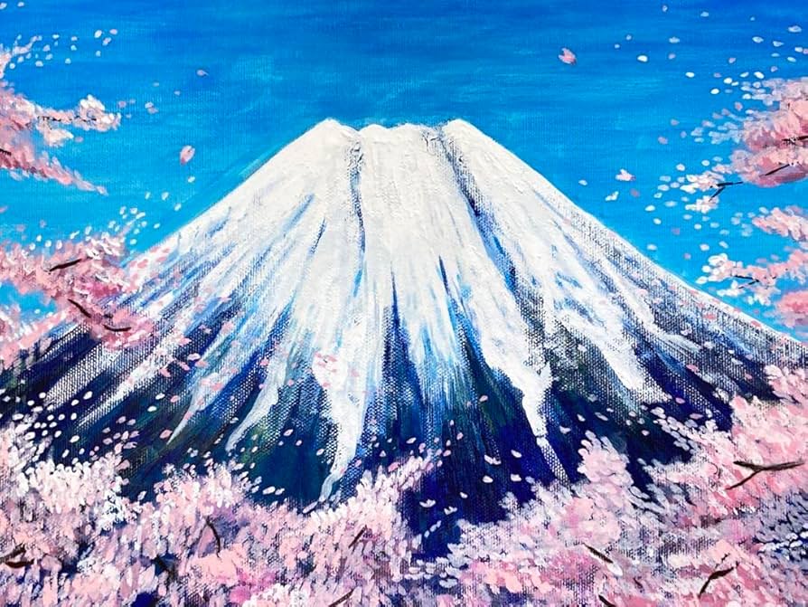 ○【雪のドット＆白富士】○がんどうあつし肉筆絵画アクリルF4ブラウン