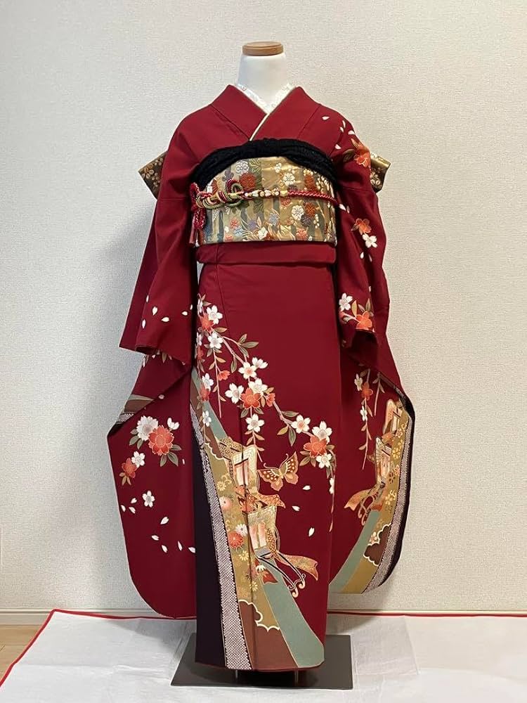 振袖 振り袖 成人式 フルセット 正絹 赤茶 赤 茶 絞り 牡丹 蝶 桜 花