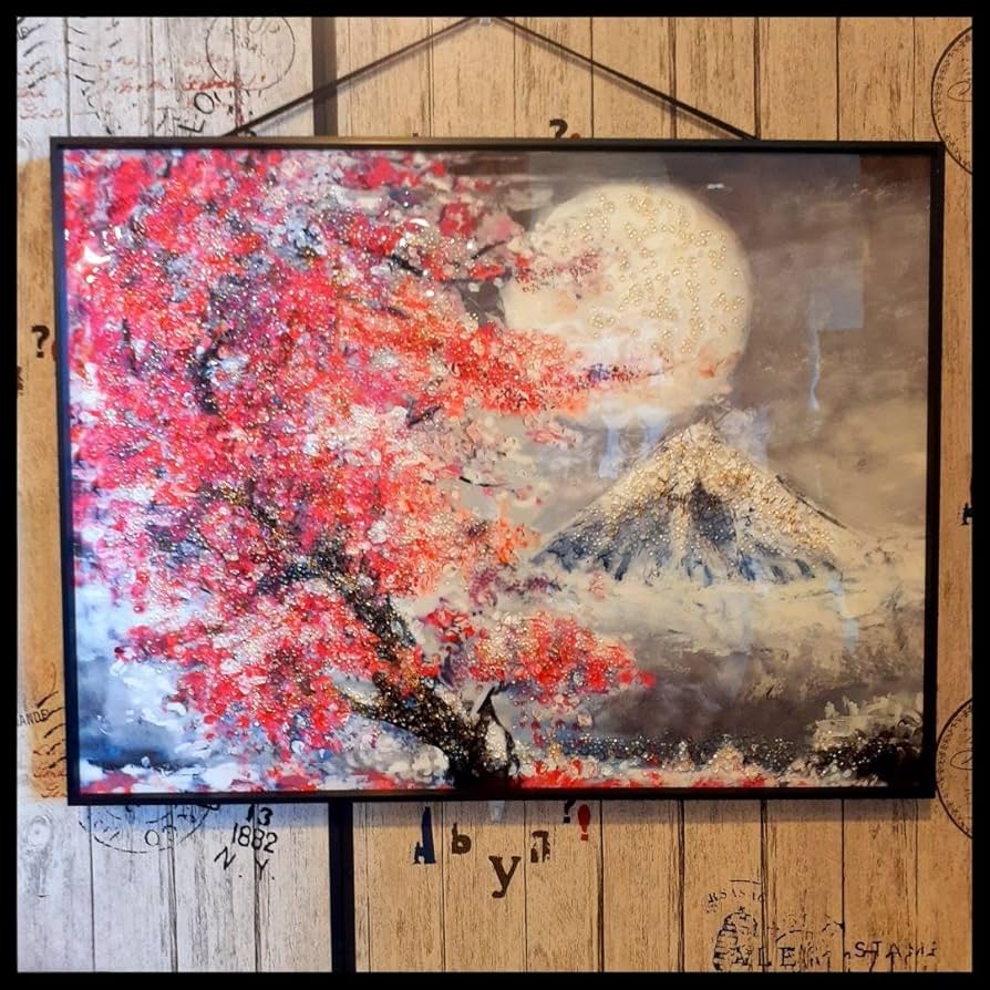 輸入雑貨 クリスタルアート 『月下の富士山と桜』 水晶石 フレーム付き