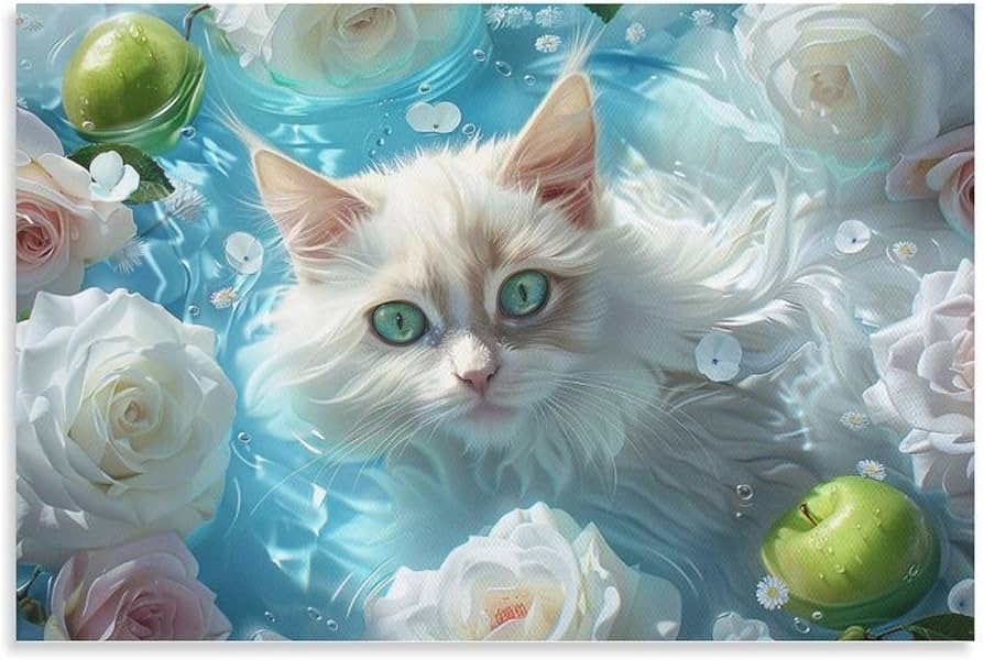 Amazon.co.jp: 絵画 バラに囲まれた白猫 アートパネル ポスター 動物
