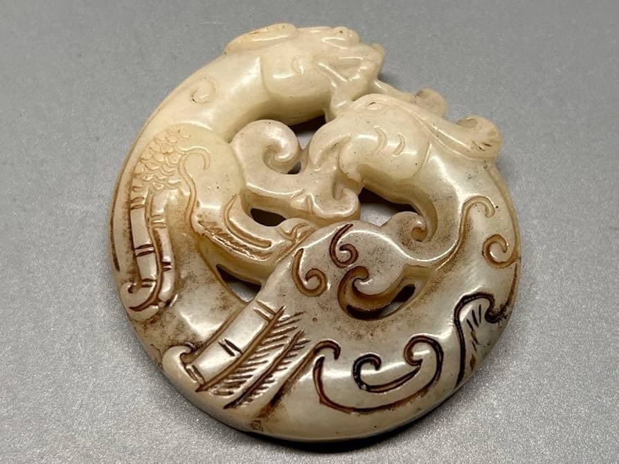 閑】古代漢 和田玉(ホータン)彫り 玉鳥形根付 緒締玉 提げ物