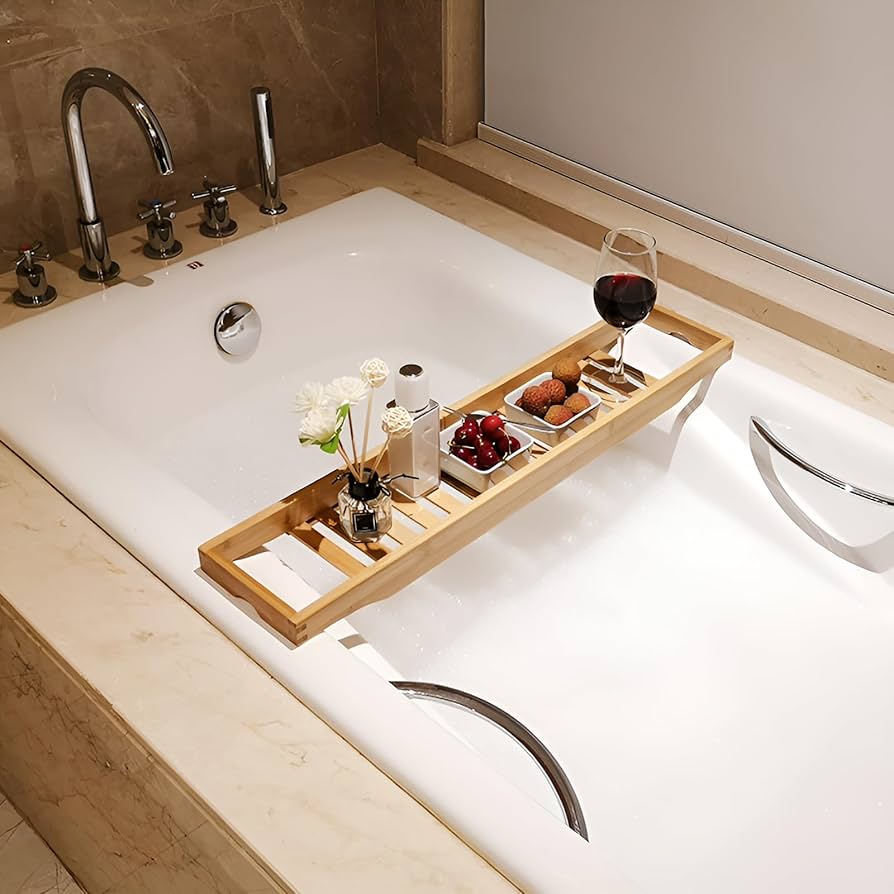 Amazon.co.jp: バスタブトレー 竹製 お風呂テーブル 調整可能 伸縮性