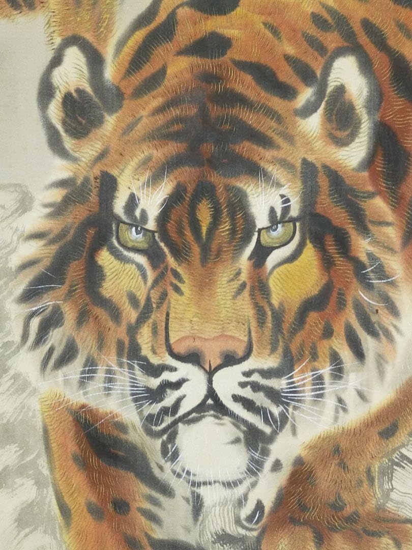 昭和レトロ 絵画 虎の掛け軸風 額入り アート 骨董品 インテリ 昭和