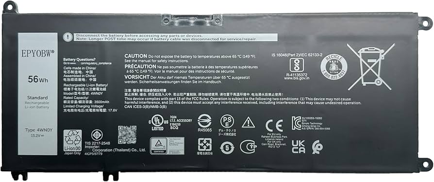 Amazon.com: EPYOBW 4WN0Y Laptop Battery 56Wh 15.2V 4-Cell