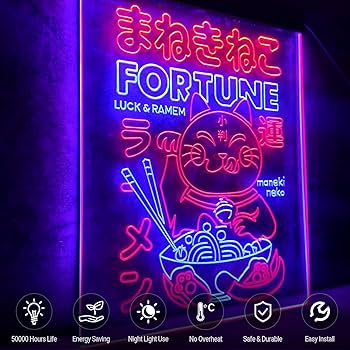 MiMaik Maneki Neko Ramen Neon Sign, Handmade Lucky Cat LED Light