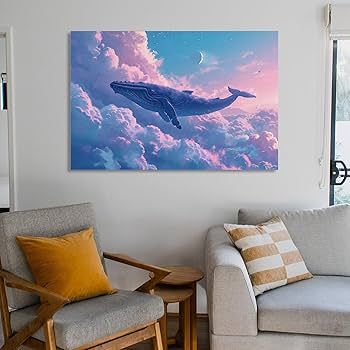 Amazon.co.jp: 絵画 空を飛ぶクジラインテリア 絵画 夢のような光景