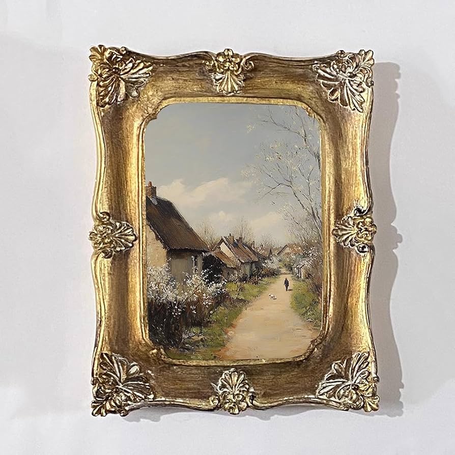 ヴィンテージ 風景画 街並み 木製フレーム付き アンティーク 額縁】A4