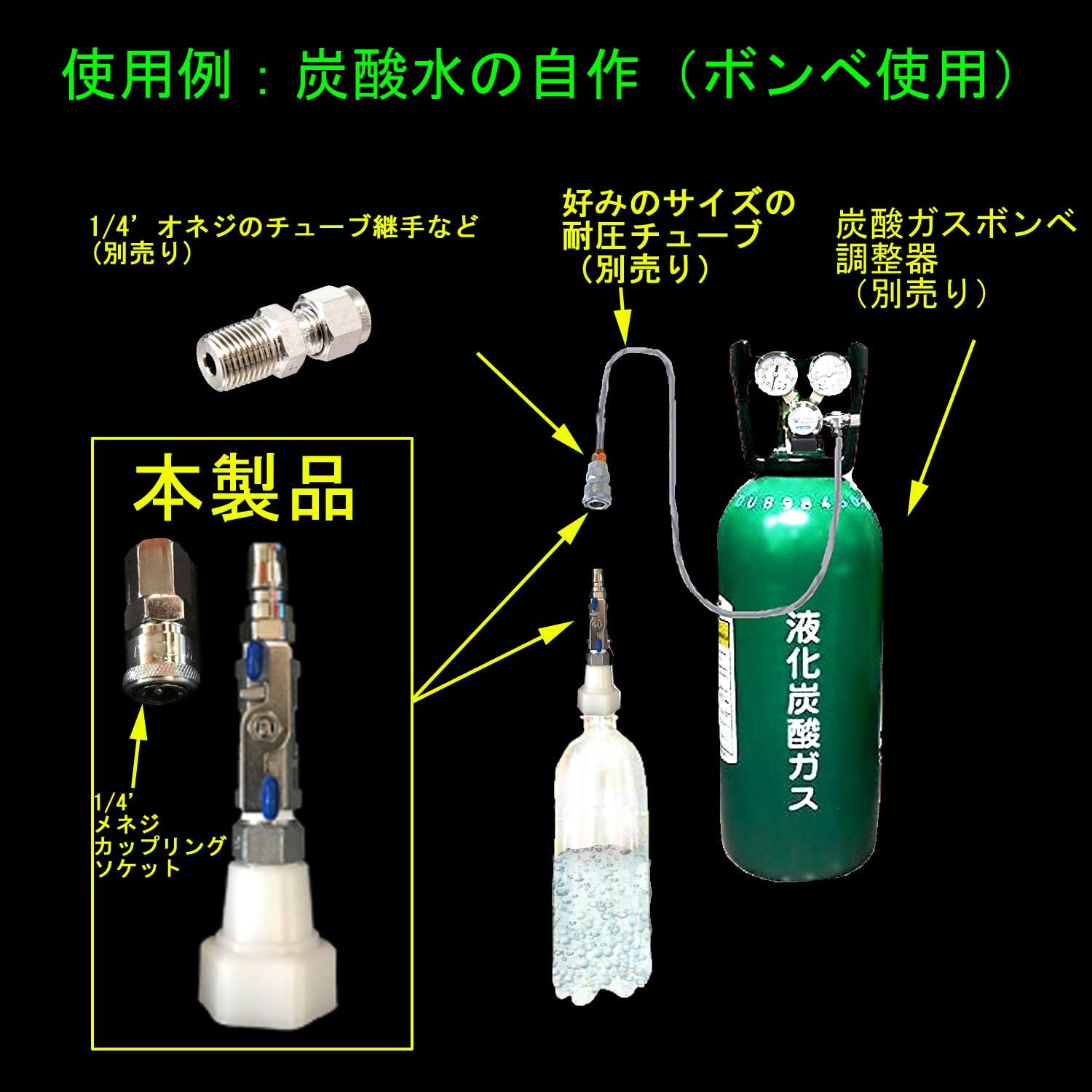 炭酸水自作キット (減圧弁&ホース&キャップ2個) 炭酸水メーカー 自作