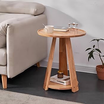 Amazon｜ミッドセンチュリーモダン2層ラウンドサイドテーブル、無垢材