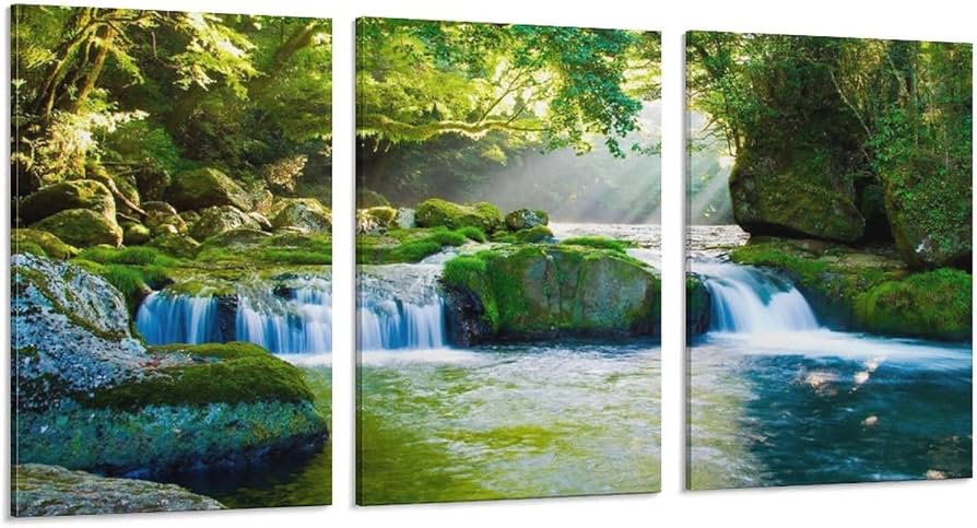 Amazon.co.jp: 3枚アートパネル 森の中を流れる渓流 壁掛け 幻想的な