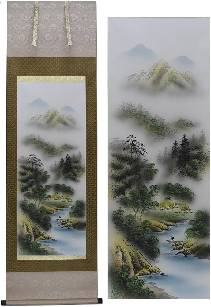 真作】掛軸 加茂敬山『彩色山水』絹本 肉筆 共箱付 掛け軸 g08266