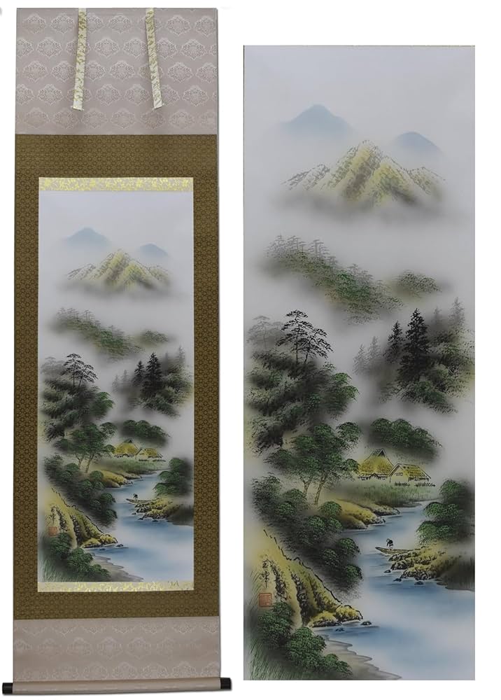 掛け軸 松橋玉昇 水墨山水 絹本 希少 軸装 茶道具 掛軸 美品 です