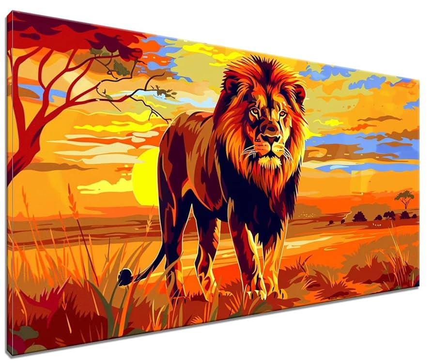 手書き油絵 七色のライオン 額付 肉筆絵画 インテリア 油彩画 純粋な