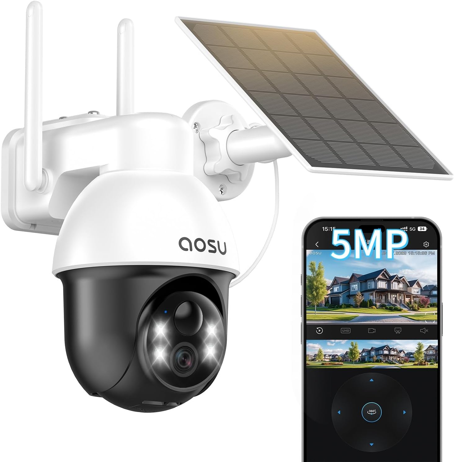 aosu 防犯カメラ 屋外 ソーラー 500万超高画素 PIR人体検知 自動追尾 360