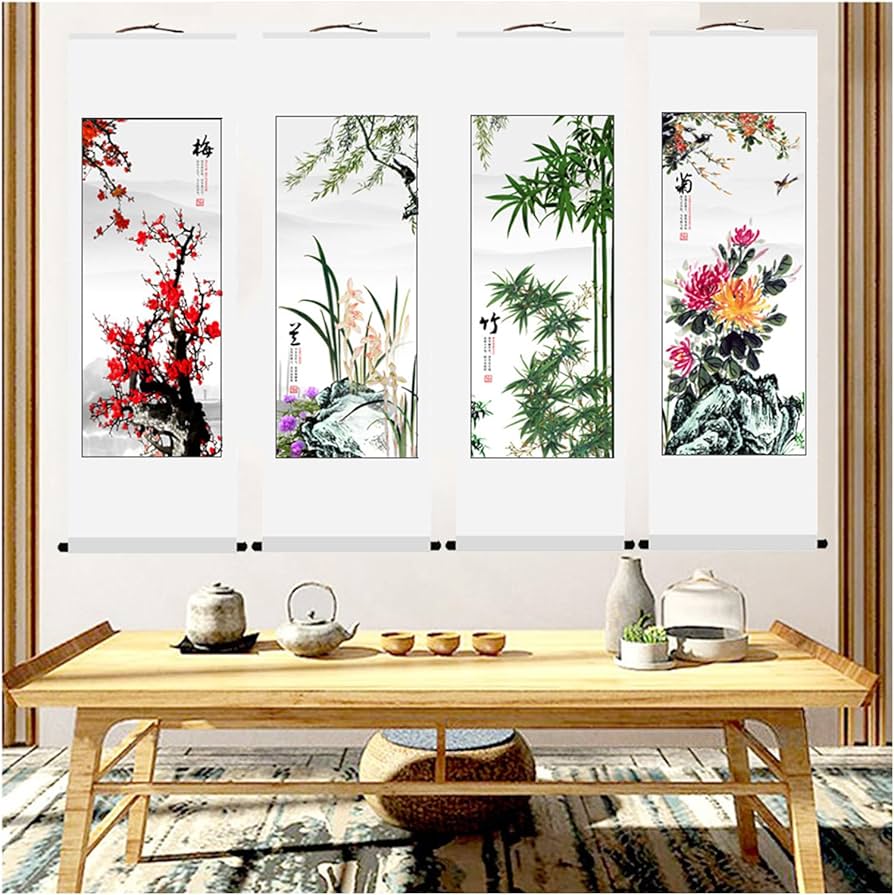 Amazon.co.jp: 掛け軸 梅蘭竹菊 四君子図 4枚組の絵 人気 現代の