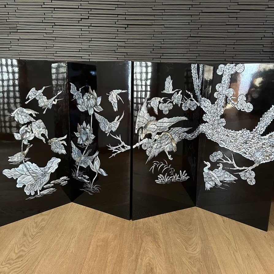 Amazon｜衝立 金屏風 漆塗り螺鈿細工 4曲1双 鶴 蓮の花 品 骨董品
