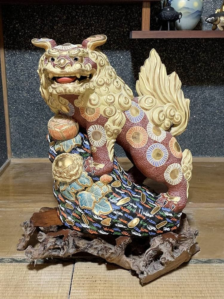 アン、九谷焼 八幡釜 太吉 獅子 牡丹 置物 床飾 高さ56㎝ BK043 アン